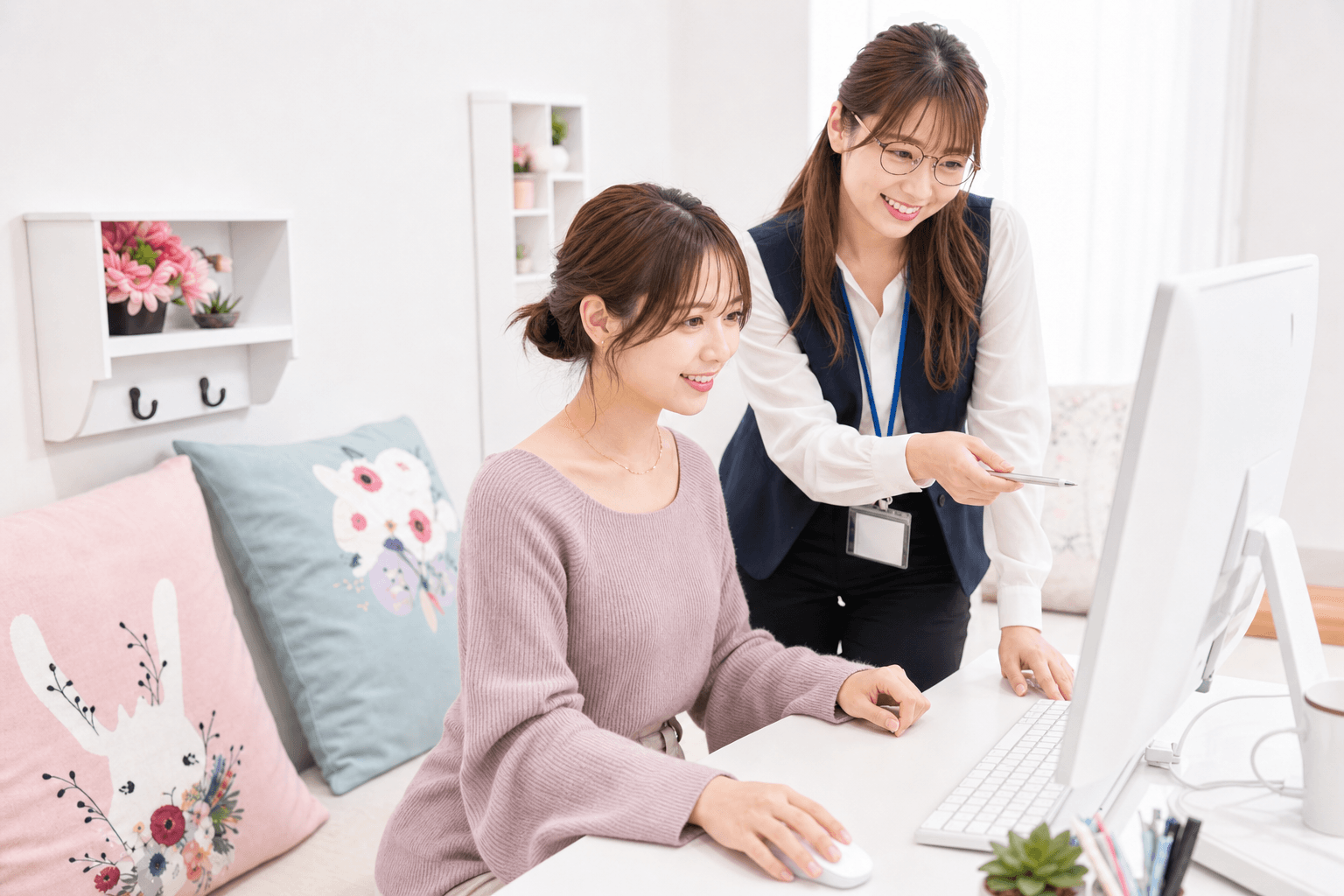 スタッフがパソコン画面を指し示しながら、女性に配信の操作を教えている様子