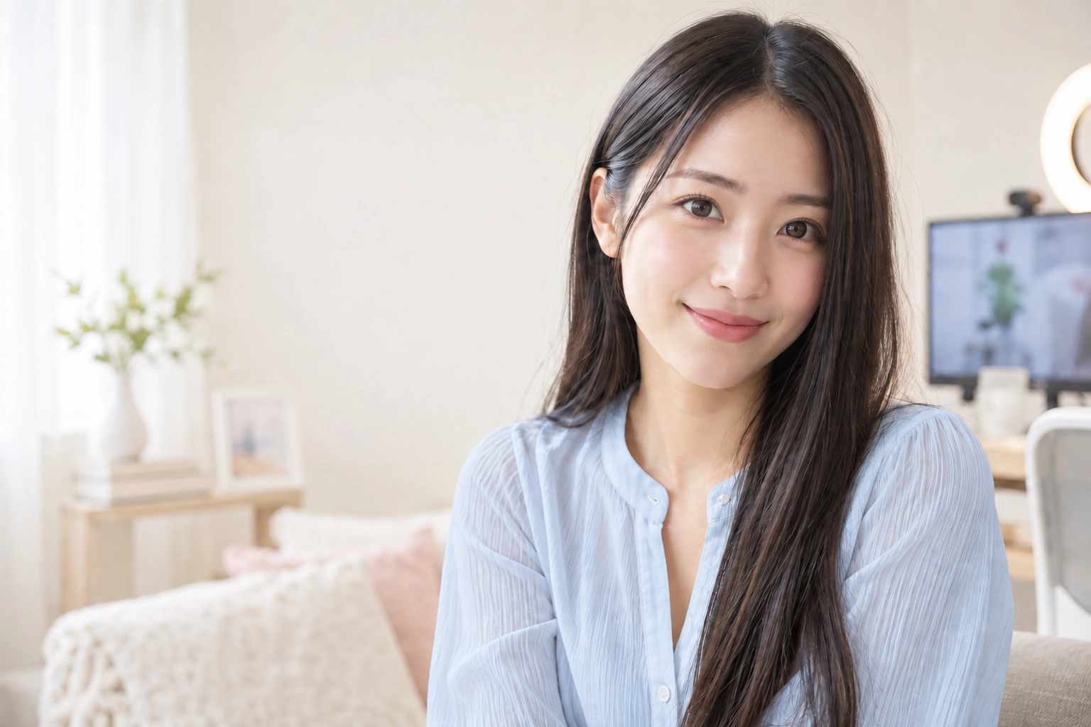 吉祥寺の明るい配信ルームで微笑む成人女性