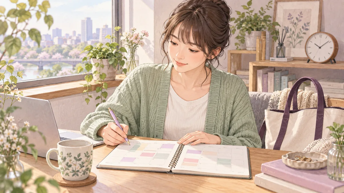 手帳を使って予定を整理する成人女性のイメージイラスト